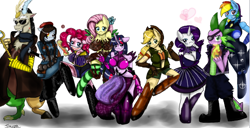 Size: 900x460 | Tagged: safe, artist:traupa, derpibooru import, applejack, discord, fluttershy, pinkie pie, rainbow dash, rarity, spike, twilight sparkle, oc, oc:traupa, anthro, unguligrade anthro, boots, clothes, dress, eyepatch, fingerless gloves, flower, flower in hair, gloves, hat, mane seven, mane six, simple background, socks, staff, striped socks, sunglasses, trenchcoat, white background