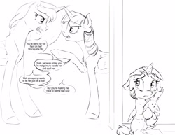 Size: 3300x2550 | Tagged: safe, artist:silfoe, derpibooru import, princess luna, twilight sparkle, twilight sparkle (alicorn), oc, oc:eventide glisten, alicorn, pony, alicorn oc, argument, black and white, crying, dialogue, eavesdropping, female, filly, floppy ears, grayscale, lesbian, looking at each other, magical lesbian spawn, mare, monochrome, offspring, open mouth, other royal book, parent:princess luna, parent:twilight sparkle, parents:twiluna, shipping, simple background, speech bubble, toy, twiluna, white background