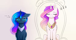 Size: 1280x683 | Tagged: safe, artist:magnaluna, derpibooru import, princess celestia, princess luna, alicorn, pony, ..., chest fluff, colored wings, colored wingtips, ear fluff, eyelashes, eyes closed, floppy ears, frown, galaxy mane, horn, lidded eyes, royal sisters, simple background, sitting, sleeping, snoring, throne, unamused, white background, wing fluff, zzz