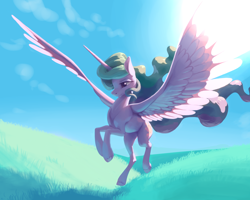 Size: 5000x4000 | Tagged: safe, artist:nadnerbd, derpibooru import, princess celestia, alicorn, pony, absurd resolution, backlighting, female, grass, landing, lidded eyes, majestic, mare, missing accessory, painterly, painting, sky, solo, spread wings, subsurface scattering, sun, sunlight, wings