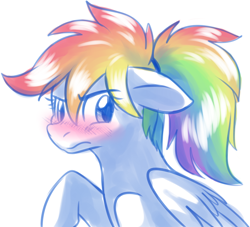 Size: 848x769 | Tagged: safe, artist:fizzy-dog, rainbow dash, pegasus, pony, alternate hairstyle, blushing, ponytail, solo