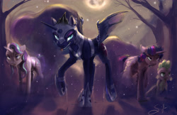 Size: 5100x3300 | Tagged: safe, artist:silfoe, derpibooru import, nightmare moon, princess luna, spike, starlight glimmer, twilight sparkle, twilight sparkle (alicorn), alicorn, dragon, ghoul, pony, :p, absurd resolution, broken chains, chains, creepy, dead tree, ear piercing, evil grin, fangs, floppy ears, forest, frown, full moon, glare, grin, group, halloween, horn ring, lidded eyes, looking at you, moon, night, nightmare mlem, nightmare moon glamour, nightmare night, open mouth, piercing, raised hoof, raised leg, royal sketchbook, smiling, smirk, spread wings, tongue out, tree, walking