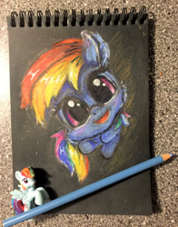 Size: 627x800 | Tagged: safe, artist:xbi, rainbow dash, pegasus, pony, chibi, cute, dashabetes, figurine, looking at you, pencil, pencil drawing, photo, solo, tabun art-battle, tabun art-battle cover, traditional art