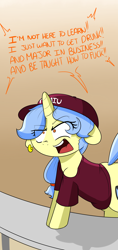 Size: 1478x3135 | Tagged: safe, artist:fullmetalpikmin, oc, oc only, oc:viewing pleasure, pony, unicorn, broken tooth, ear piercing, earring, hat, jewelry, piercing, solo, terminal preppie, vulgar, yelling