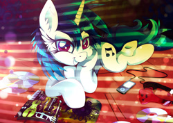 Size: 1920x1358 | Tagged: safe, artist:rariedash, dj pon-3, vinyl scratch, pony, unicorn, 70s, cd, grin, headphones, ipod, looking at you, magazine, mp3 player, prone, smiling, solo, underhoof