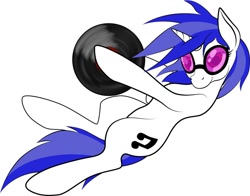 Size: 1008x792 | Tagged: safe, artist:scribblepwn3, artist:tiberiusmoon, dj pon-3, vinyl scratch, pony, unicorn, cutie mark, digital art, female, goggles, hoof hold, hooves, horn, mare, record, simple background, solo, sunglasses, vector, white background