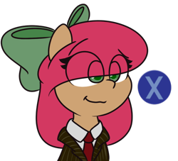 Size: 550x500 | Tagged: safe, artist:lockheart, derpibooru exclusive, oc, oc only, oc:cherry sweetheart, bow, bust, clothes, doubt, hair bow, l.a. noire, meme, necktie, portrait, press x to doubt, reaction image, simple background, smiling, solo, suit, transparent background