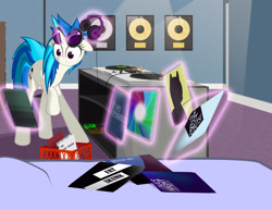 Size: 3300x2550 | Tagged: safe, artist:styroponyworks, dj pon-3, vinyl scratch, pony, unicorn, magic, record, solo, telekinesis