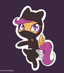 Size: 1225x1400 | Tagged: safe, artist:alasou, derpibooru import, scootaloo, pegasus, pony, bipedal, chibi, colored pupils, female, filly, kunoichi, looking at you, ninja, simple background, solo, spread wings