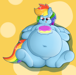 Size: 1280x1248 | Tagged: safe, artist:dullpoint, rainbow dash, pegasus, pony, belly button, big belly, cake, chubby cheeks, ear fluff, eyes on the prize, fat, feeding dash, female, food, obese, on back, rainblob dash, solo, tongue out, tubby wubby pony waifu, underhoof