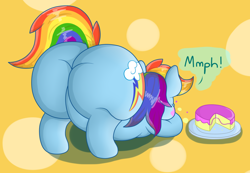 Size: 1280x888 | Tagged: safe, artist:dullpoint, rainbow dash, pegasus, pony, big belly, cake, eating, fat, feeding dash, female, food, messy eating, obese, plot, rainblob dash, rainbutt dash, solo, the ass was fat, tubby wubby pony waifu