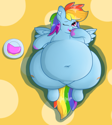 Size: 1280x1431 | Tagged: safe, artist:dullpoint, rainbow dash, pegasus, pony, belly button, big belly, cake, fat, feeding dash, female, food, licking, messy eating, obese, on back, rainblob dash, solo, tongue out, tubby wubby pony waifu