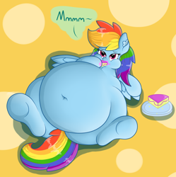 Size: 1280x1283 | Tagged: safe, artist:dullpoint, rainbow dash, pegasus, pony, belly button, big belly, cake, chubby cheeks, eating, fat, feeding dash, female, food, messy eating, obese, on back, rainblob dash, solo, tubby wubby pony waifu