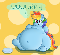 Size: 1280x1178 | Tagged: safe, artist:dullpoint, rainbow dash, pegasus, pony, belly button, big belly, burp, chubby cheeks, fat, feeding dash, female, messy eating, obese, plate, rainblob dash, solo, tubby wubby pony waifu