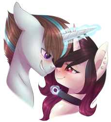 Size: 1164x1273 | Tagged: safe, artist:doekitty, oc, oc only, oc:cobalt, oc:hazel, pony, unicorn, blushing, bust, collar, ear piercing, female, floppy ears, glowing horn, horns are touching, looking at each other, magic, male, mare, oc x oc, piercing, shipping, simple background, smiling, stallion, straight, telekinesis, transparent background