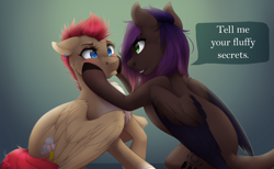 Size: 1300x800 | Tagged: safe, artist:silentwulv, oc, oc only, oc:avery softequine, oc:evening howler, pegasus, pony, cheek squish, chest fluff, cute, dialogue, duo, looking at each other, squishy cheeks