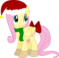 Size: 4500x4423 | Tagged: safe, artist:theshadowstone, fluttershy, pegasus, pony, absurd resolution, clothes, cute, hat, santa hat, scarf, shyabetes, simple background, smiling, solo, transparent background, vector