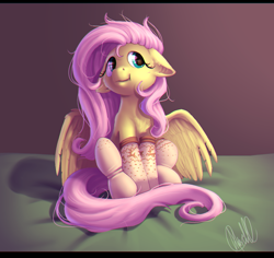 Size: 900x850 | Tagged: safe, artist:aliscik, fluttershy, pegasus, pony, chromatic aberration, clothes, cute, female, floppy ears, mare, messy mane, shyabetes, sitting, socks, solo