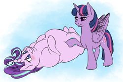 Size: 2824x1877 | Tagged: safe, artist:floots, starlight glimmer, twilight sparkle, twilight sparkle (alicorn), alicorn, pony, unicorn, blushing, cheek fluff, chubby, colored pupils, cute, double chin, duo, duo female, ear fluff, fat, female, fluffy, glimmerbetes, lying down, mare, obese, on back, poking, pudgy, shoulder fluff, starlard glimmer, twilight is not amused, unamused, wing fluff