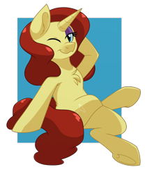 Size: 1000x1200 | Tagged: safe, artist:itstaylor-made, oc, oc only, oc:vibrata songbird, pony, unicorn, crossed legs, one eye closed, sitting, solo, wink