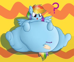 Size: 1280x1069 | Tagged: safe, artist:dullpoint, rainbow dash, pegasus, pony, belly, belly button, boop, fat, huge belly, navel fetish, navel fingering, navel play, obese, question mark, rainblob dash, tongue out