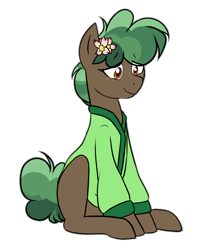 Size: 932x1164 | Tagged: safe, artist:caballerial, oc, oc only, oc:tree, earth pony, pony, ask, cardigan, flower, freckles, pony town, simple background, sitting, solo, transparent background, tumblr, waifus