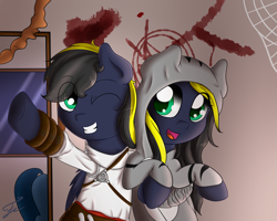 Size: 2000x1600 | Tagged: safe, artist:fluttair, oc, oc only, oc:thunderbolt, oc:thunderdash, cat, altair ibn la-ahad, animal costume, assassin, assassin's creed, cat costume, clothes, costume, halloween, nightmare night, party