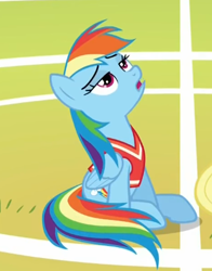 Size: 312x398 | Tagged: safe, screencap, rainbow dash, pegasus, pony, buckball season, bored, solo