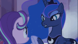 Size: 500x281 | Tagged: safe, edit, edited screencap, screencap, princess luna, starlight glimmer, alicorn, pony, unicorn, to where and back again, animated, boop, eye contact, female, frown, gif, grin, lidded eyes, lip bite, looking at each other, mare, smiling, underhoof