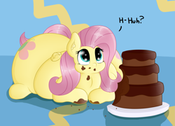 Size: 1957x1410 | Tagged: safe, artist:dullpoint, fluttershy, pegasus, pony, cake, fat, fattershy, food, obese, solo