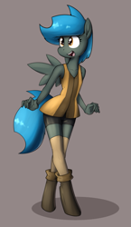 Size: 599x1033 | Tagged: safe, artist:whatsapokemon, oc, oc only, oc:jade shine, anthro, pegasus, unguligrade anthro, bike shorts, clothes, female, filly, golden eyes, solo