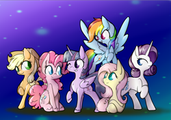 Size: 1885x1328 | Tagged: safe, artist:alazak, applejack, fluttershy, pinkie pie, rainbow dash, rarity, twilight sparkle, twilight sparkle (alicorn), alicorn, earth pony, pegasus, pony, unicorn, chest fluff, ear fluff, flying, group, group photo, leg fluff, looking at each other, looking back, mane six, one eye closed, prone, raised hoof, sitting, smiling, spread wings, wink