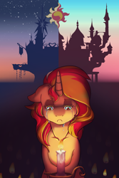 Size: 1024x1536 | Tagged: safe, alternate version, artist:curiouskeys, sunset shimmer, pony, candle, canterlot castle, cover art, crying, fire, solo, stars, twilight (astronomy), twilight's castle