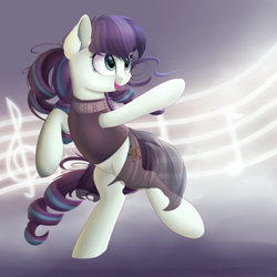 Size: 2000x2000 | Tagged: safe, artist:vanillaghosties, coloratura, earth pony, pony, clothes, ear fluff, female, looking up, mare, music notes, open mouth, raised hoof, rara, singing, smiling, solo, standing
