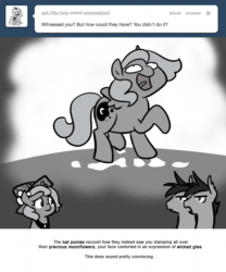 Size: 666x800 | Tagged: safe, artist:egophiliac, princess luna, oc, oc:frolicsome meadowlark, oc:sunshine smiles (egophiliac), bat pony, pony, animated, cartographer's cap, filly, gif, grayscale, hat, meme, monochrome, moonflower, moonstuck, pure unfiltered evil, stomp, trollface, woona, woonoggles, younger
