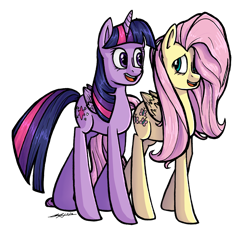 Size: 2000x1878 | Tagged: safe, artist:fishstickmystic, fluttershy, twilight sparkle, twilight sparkle (alicorn), alicorn, pegasus, pony, conversation, duo, folded wings, hair over one eye, simple background, talking, tall, transparent background, walking