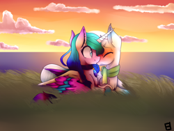 Size: 1400x1050 | Tagged: safe, artist:dragon9913, oc, oc only, alicorn, pony, kissing, male, oc x oc, ocean, prone, shipping, straight, sunset