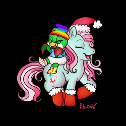 Size: 900x900 | Tagged: safe, artist:therainbowtroll, minty, penguin, g3, christmas ponies, clothes, eyes closed, hat, santa hat, socks