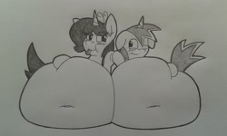 Size: 2560x1536 | Tagged: safe, artist:chromchill12, oc, oc only, oc:bud (turner148), oc:chromie, belly, belly button, big belly, blushing, fat, monochrome, obese, tongue out, traditional art