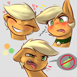 Size: 1800x1800 | Tagged: safe, artist:captainpudgemuffin, applejack, earth pony, pony, alternate hairstyle, bell, bell collar, blushing, captainpudgemuffin is trying to murder us, cat bell, collar, cute, disgusted, expression, eyes closed, female, floppy ears, fluffy, food, frown, glare, grin, heart, hilarious in hindsight, jackabetes, mare, open mouth, pear, pictogram, pixie cut, smiling, sweat, that pony sure does hate pears, that pony sure does love apples, tongue out