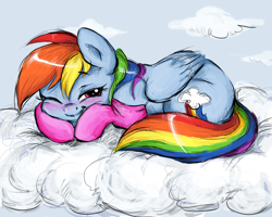 Size: 1500x1200 | Tagged: safe, artist:buttersprinkle, rainbow dash, pegasus, pony, blushing, clothes, cloud, cute, dashabetes, female, happy, lidded eyes, looking at you, mare, one eye closed, prone, sky, smiling, socks, solo