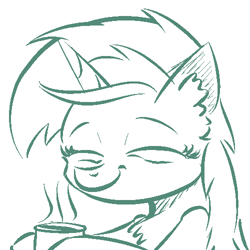 Size: 500x500 | Tagged: safe, artist:cheshiresdesires, lyra heartstrings, pony, unicorn, bags under eyes, bust, chest fluff, coffee, ear fluff, eyes closed, messy mane, monochrome, mug, simple background, smiling, solo, steam, tired, white background