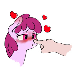 Size: 540x532 | Tagged: safe, artist:greyscaleart, artist:trickydick, berry punch, berryshine, human, blushing, boop, bust, disembodied hand, heart, lidded eyes, nose wrinkle, open mouth, portrait, simple background, white background