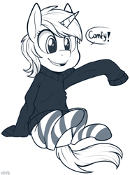 Size: 743x1000 | Tagged: safe, artist:higglytownhero, lyra heartstrings, clothes, cute, dialogue, grayscale, monochrome, open mouth, simple background, sitting, smiling, socks, solo, striped socks, sweater, white background