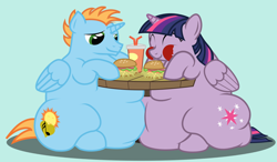 Size: 1200x700 | Tagged: safe, artist:fishinabarrrel, twilight sparkle, twilight sparkle (alicorn), oc, oc:harmony star, alicorn, pony, alicorn oc, bhm, burger, canon x oc, drinking straw, eating, fat, food, messy eating, obese, princess twilard, shipping, table, that pony sure does love burgers, twilard sparkle, twilight burgkle, twimony