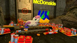 Size: 1024x576 | Tagged: safe, artist:storm chaser, sweetie belle, 3d, burger, chubby, food, french fries, gmod, hamburger, mcdonald's, obese, soda, this will end in tears and/or death, this will end in tears and/or death and/or covered in tree sap, this will end in weight gain