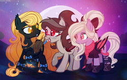 Size: 4418x2817 | Tagged: safe, artist:asika-aida, oc, oc only, oc:regina liliac, oc:scarlet quill, oc:violet thorn, bat pony, pony, fangs, full moon, glasses, glowing eyes, kunoichi, moon, ninja, slit eyes, trio