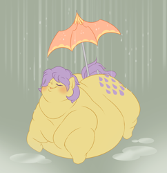 Size: 2224x2300 | Tagged: safe, artist:mellowhen, lemon drop, g1, belly, fat, huge butt, impossibly large belly, impossibly large butt, impossibly large everything, large butt, morbidly obese, obese, rain, solo, umbrella