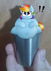 Size: 1223x1709 | Tagged: safe, artist:dullpoint, rainbow dash, pony, belly button, chest fluff, chubby, cup, cup of pony, exclamation point, fat, hand, irl, large belly, micro, obese, photo, ponies in real life, rainblob dash, tiny ponies