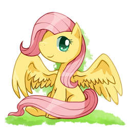 Size: 640x640 | Tagged: safe, artist:sky, fluttershy, pegasus, pony, colored pupils, cute, looking at you, shyabetes, simple background, sitting, smiling, solo, spread wings, underhoof, white background